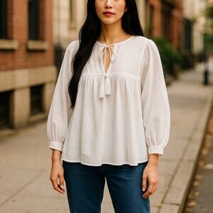 LaRoque White Cotton Textured Tie Neck Tassel Nell Top